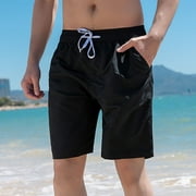 Herrnalise Men's Solid Color Beach Shorts, Casual Elastic Waist Drawstring Loose Swim Trunks For Summer Beach Pool Swimming Surfing Black